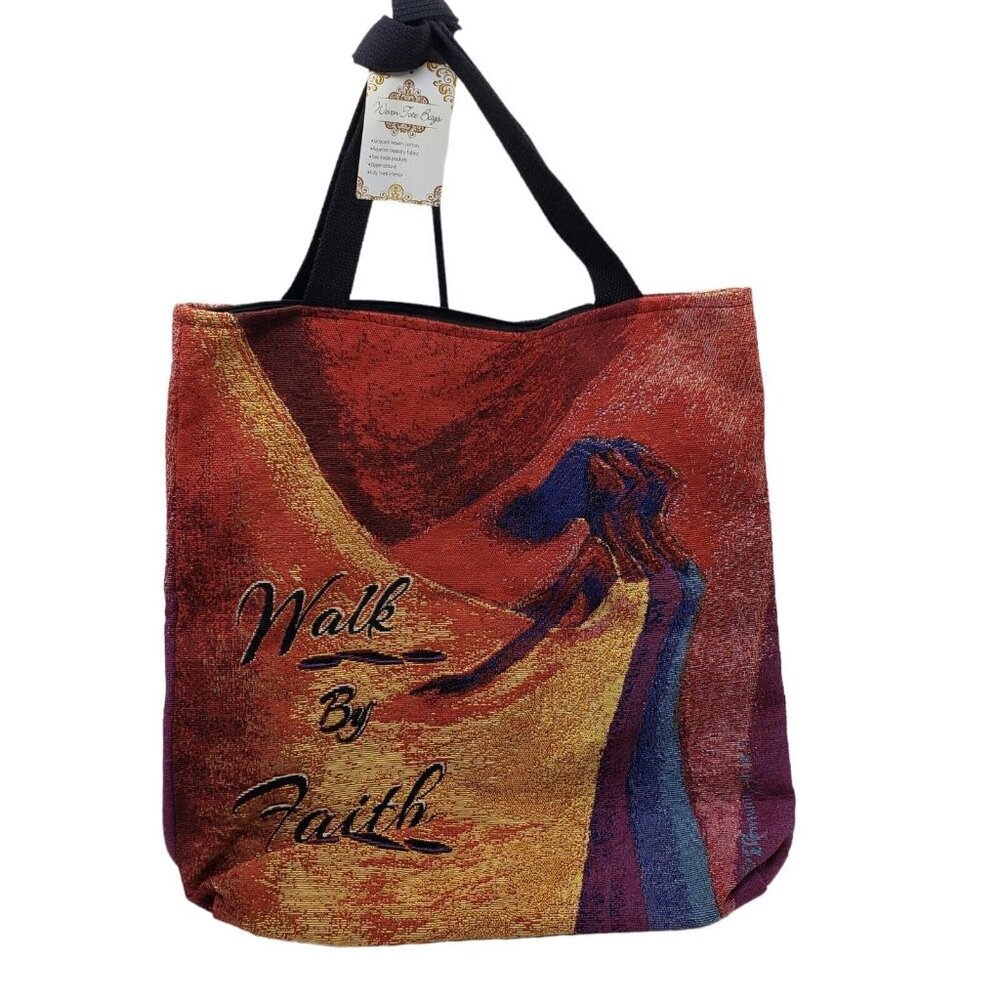 Walk By Faith Woven Tote Hand Bag Multicolored Zip Closure Red Orange 16 in NWT